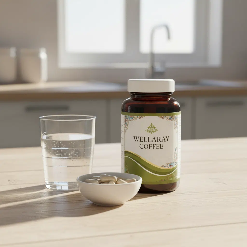 Wellaray Coffee box on a wooden tray beside a glass mug - morning coffee wellness routine supplement